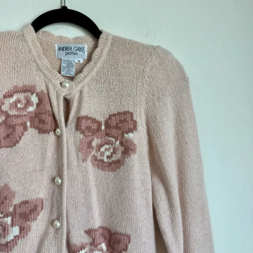 Andrea Gayle Vintage Sm Silk Wool Blend Pink Coquette Pearl Button Up Cardigan
